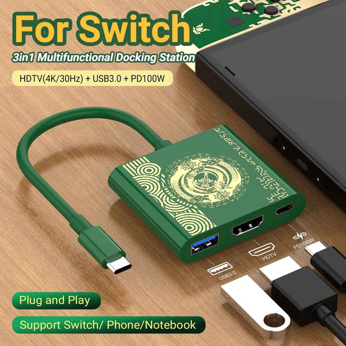 4K Switch TV Docking Station — 3-in-1 USB-C Game Hub with USB 3.0, HDMI & 100W PD for Laptop, Nintendo Switch/Switch OLED, Mobile Phone