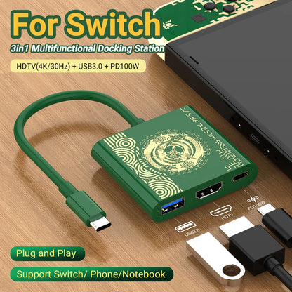 4K Switch TV Docking Station — 3-in-1 USB-C Game Hub with USB 3.0, HDMI & 100W PD for Laptop, Nintendo Switch/Switch OLED, Mobile Phone