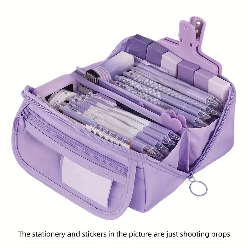 Large Capacity Multi-Compartment Pencil Case Organizer – Desktop School & Office Storage Bag in Pink, Purple & Black