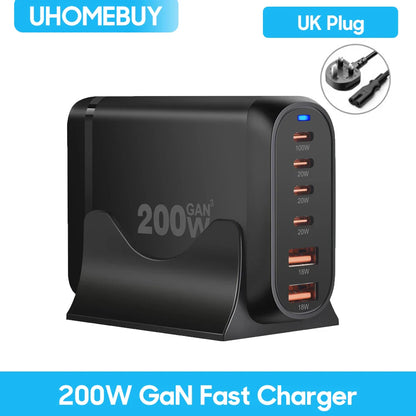 UHOMEBUY 200W GaN Desktop Charger - 6-Port USB Type C with 100W PD & Quick Charge 3.0 Fast Mobile Charger