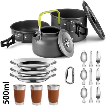 Camping Cookware Set — Non-Stick Cooking Pots, Teapot & Travel Tableware for 2-3 People, Outdoor Picnic Set