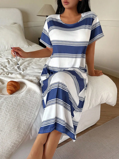 Women’s Blue & White Striped Midi Nightgown – Loose Casual Lounge T-Shirt Style Sleepwear Dress