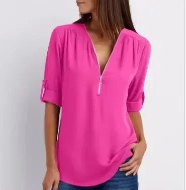 Women’s 2025 Hot Sale Loose Chiffon Blouse – Deep V-Neck Casual Top with Zipper Pullover Plus Size