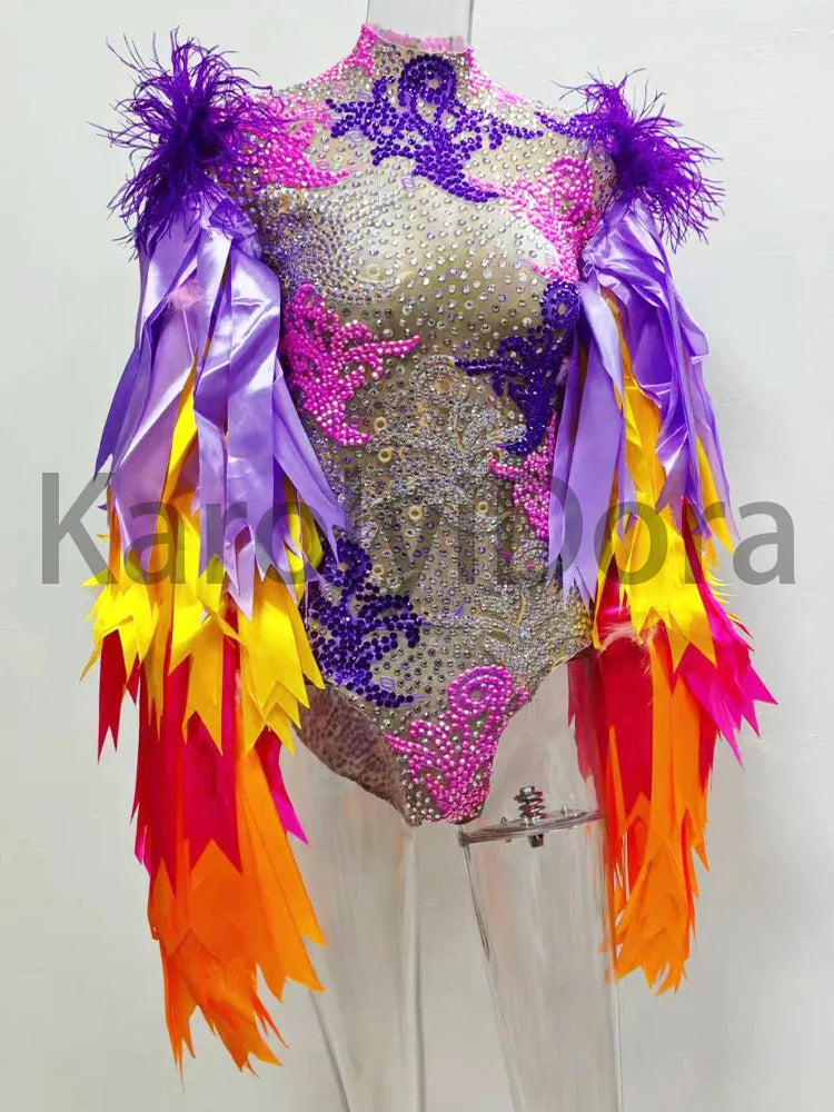 Colorful Feather Sleeve Rhinestone Bodysuit – Women’s Nightclub Party Dance Performance Costume