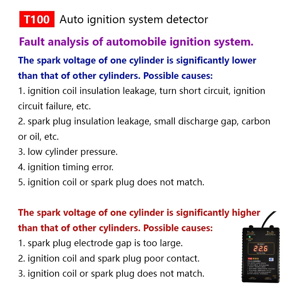 T100 Auto Ignition System Tester — 12V/24V Detector for Ignition Signal & Spark Voltage Testing