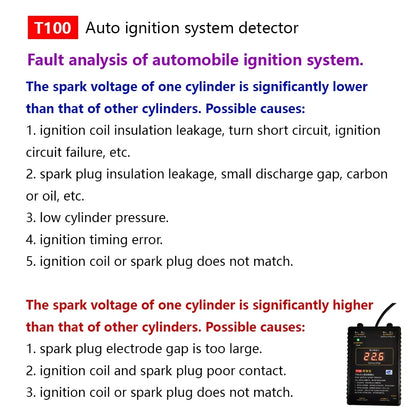 T100 Auto Ignition System Tester — 12V/24V Detector for Ignition Signal & Spark Voltage Testing