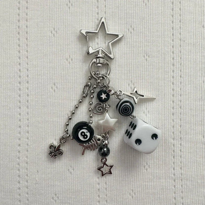 Handmade Rockstar GF Black & White Dice Keychains – Edgy Grunge Y2K Beaded Jewelry, Emo Bag Pendant Accessory