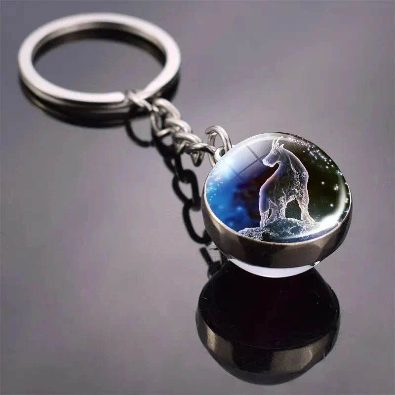 S12 Constellation Keychain – Luminous Double-Sided Zodiac Glass Ball Pendant for Men & Women