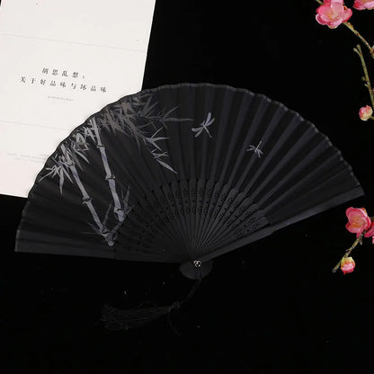 Bamboo Folding Fan with Silk — Chinese & Japanese Style Handheld Fan, Antique Art Craft for Summer Dance, Home Decor & Party