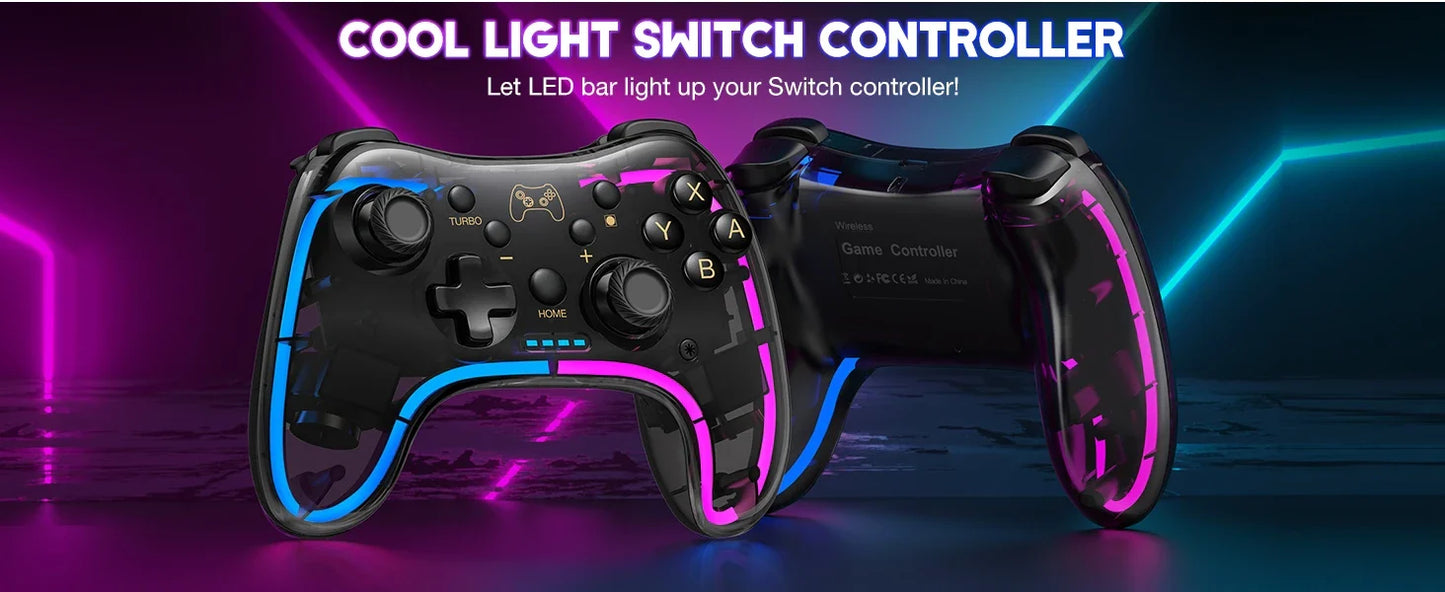 Controller 7039 for Nintendo Switch – Transparent Gamepad with RGB Lights, Turbo, Wake-Up, Multi-Platform & App Support