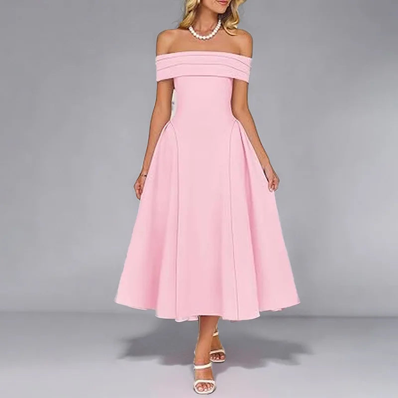 Women’s Elegant Strapless Backless Dress – Solid Color Off-Shoulder A-Line Long Formal Dress, Summer 2025