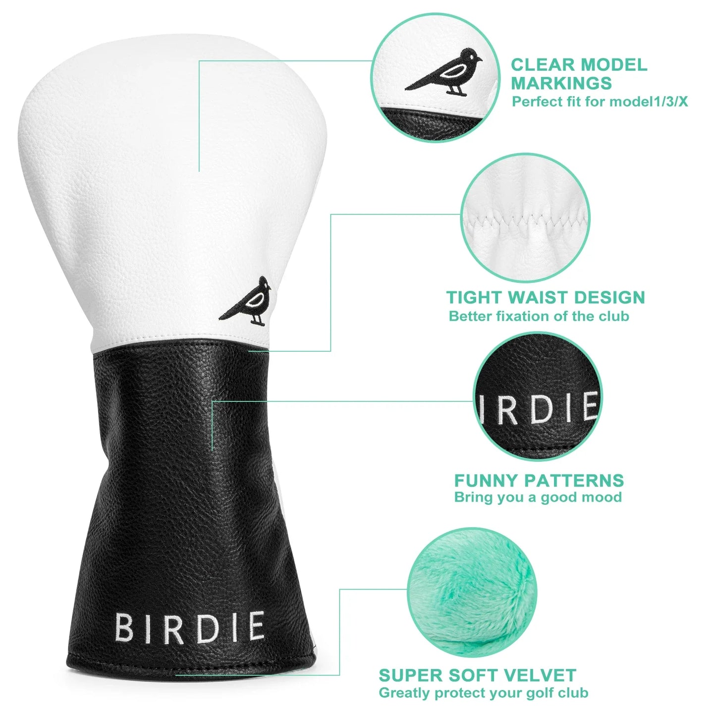 White Premium Leather Birdie Golf Head Cover – Elegant Embroidery for Driver, Fairway Wood & Hybrid Clubs