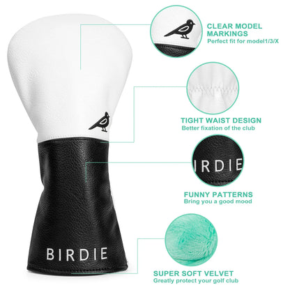 White Premium Leather Birdie Golf Head Cover – Elegant Embroidery for Driver, Fairway Wood & Hybrid Clubs