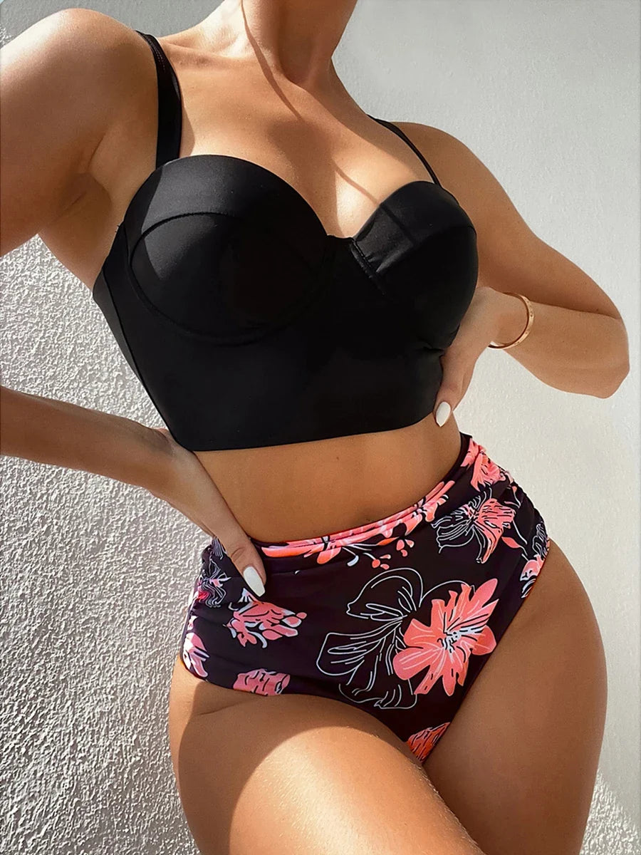 Women’s Butterfly Print Push Up Bikini Set - High Waist Padded Swimsuit for Summer Beachwear