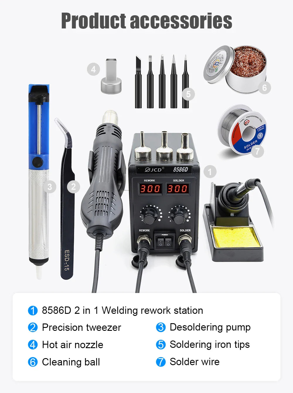 JCD 8586D 2-in-1 750W Soldering Station with Hot Air Gun – LCD Digital Display Electric Soldering Iron for SMD Welding & Rework