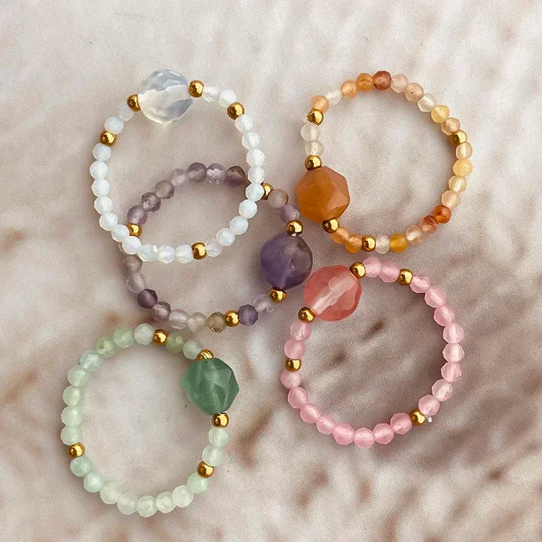 Natural Stone Beaded Rings for Women – Crystal Stainless Steel Elastic Handmade Fashion Ring Jewelry for Wedding & Party Wear