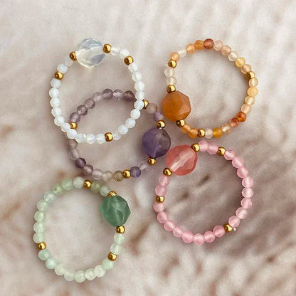Natural Stone Beaded Rings for Women – Crystal Stainless Steel Elastic Handmade Fashion Ring Jewelry for Wedding & Party Wear