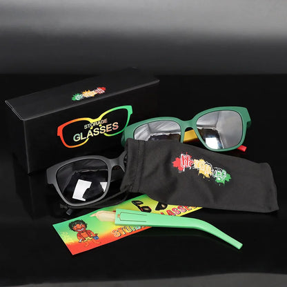 Honeypuff Multi-Purpose Sunglasses with Hidden Storage - Tapered Roll Paper Tube and Removable Glasses Holder, Horn Tube Tobacco Box for Smoking Essentials