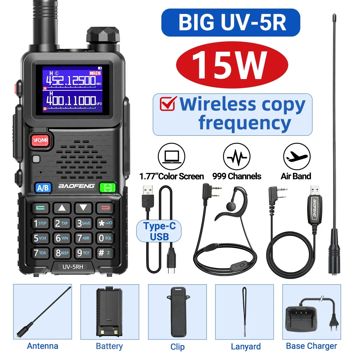 Baofeng UV-5RH 10W Air Band Walkie Talkie, Long Range Wireless Two-Way Ham Radio, Type-C UV-5R Transceiver