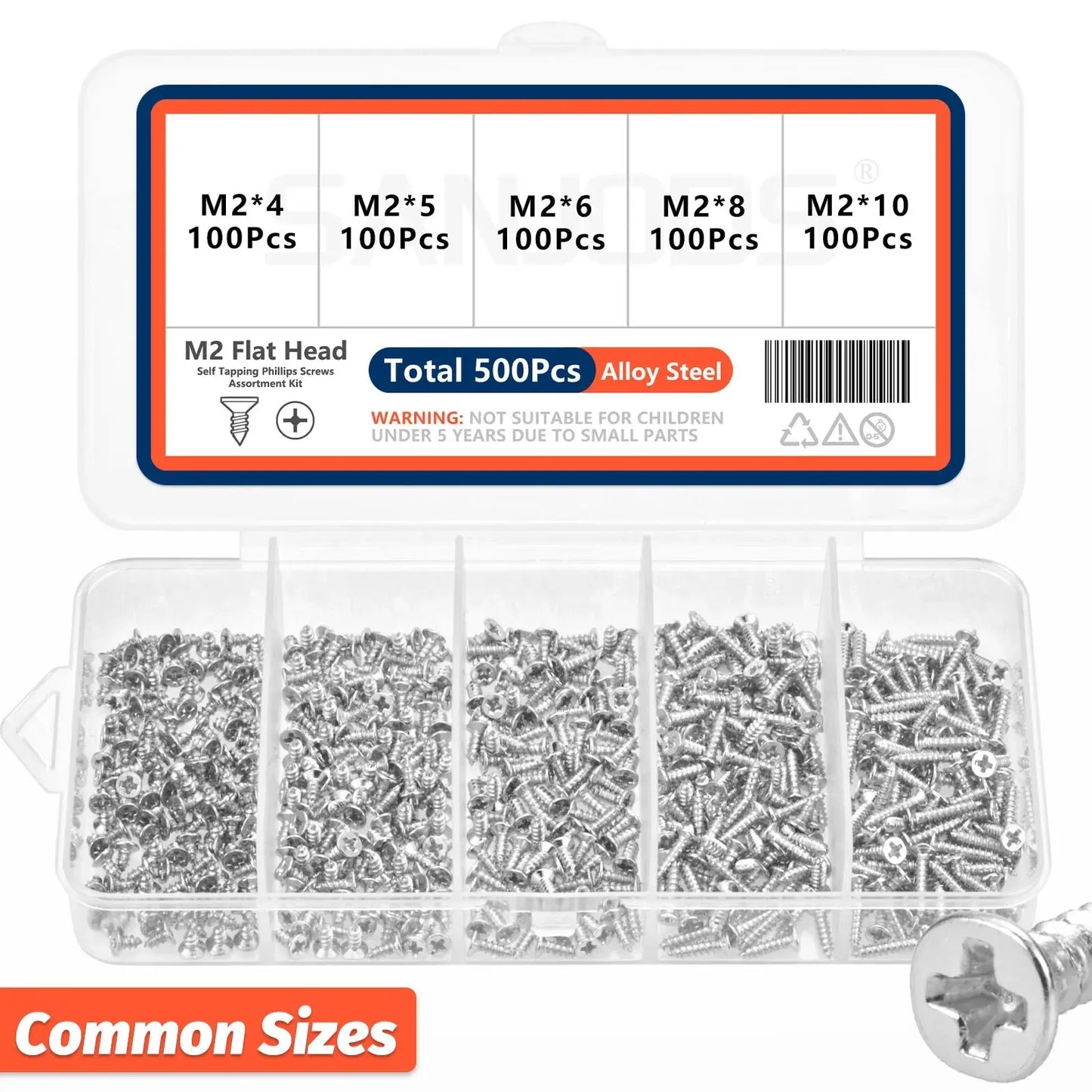 500pcs M2 Self Tapping Screws Kit - Mini Alloy Steel Phillips Flat Head Wood Screw Assortment Set for DIY Projects