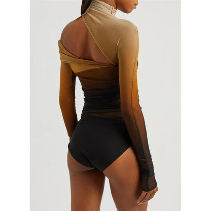 Sexy Off-Shoulder Mesh Jumpsuit Top – Slant Breasted, Hollowed-Out, Gradient See-Through Base Shirt