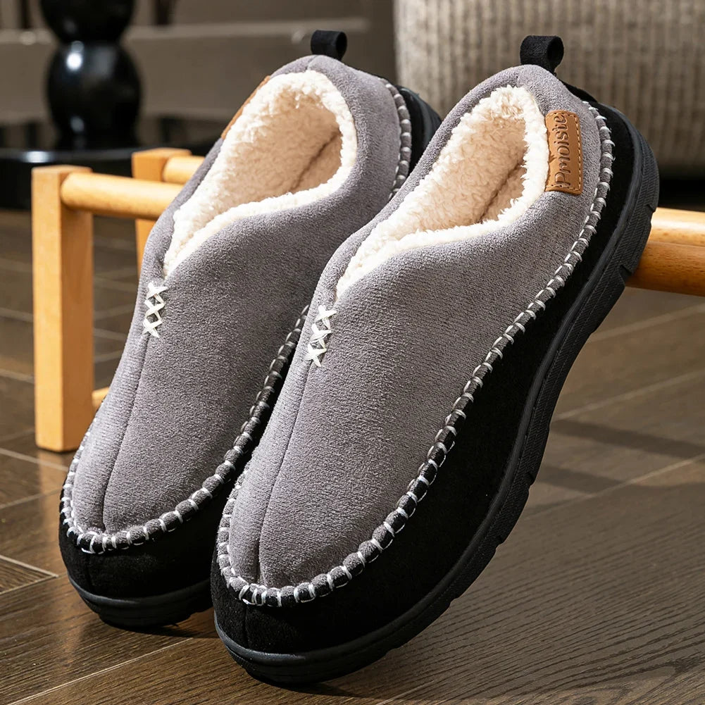 Men's Winter Slipper Boots - Furry Warm Indoor Shoes with Non-Slip PU Sole