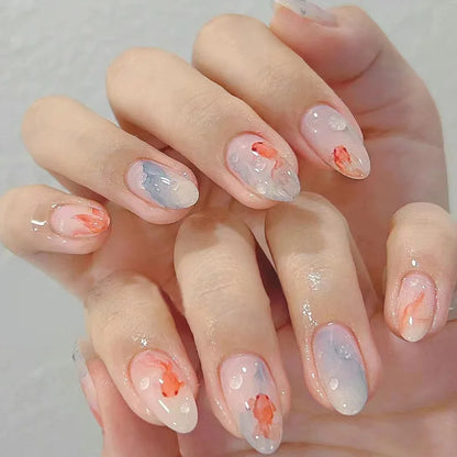24pcs Goldfish Pattern Almond Press-On Nails – Simple Nude Pink Wearable Detachable False Nail Manicure Set