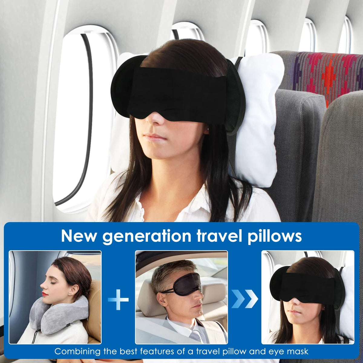 2-in-1 Travel Neck Pillow with Eye Mask & Storage Bag – 360° Support Cotton Airplane Headrest
