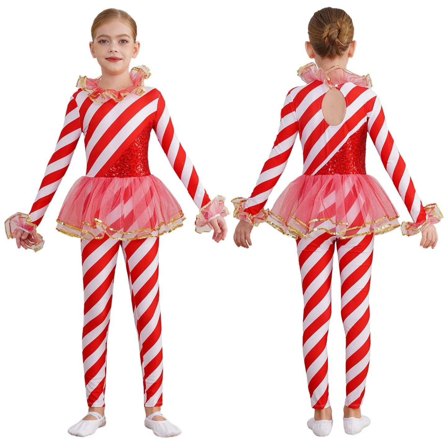 Kids Candy Cane Striped Christmas Tutu Leotard — Sequined Santa Bodysuit for Ballet & Gymnastics