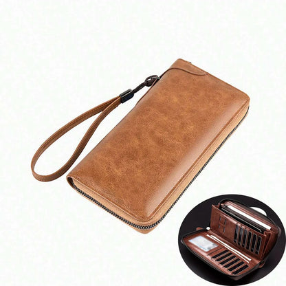 Men's Long Zipper Wallet – High-Quality PU Leather, RFID Blocking Business Clutch, Credit Card Holder
