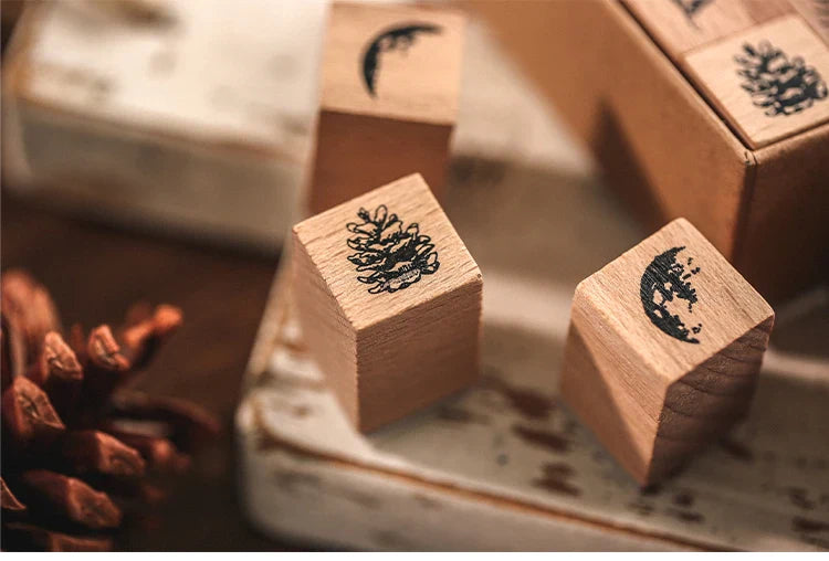 Yoofun 7-Piece Vintage Moon & Plant Wooden Stamps — Rubber Stamps for Scrapbooking, DIY Craft & Stationery