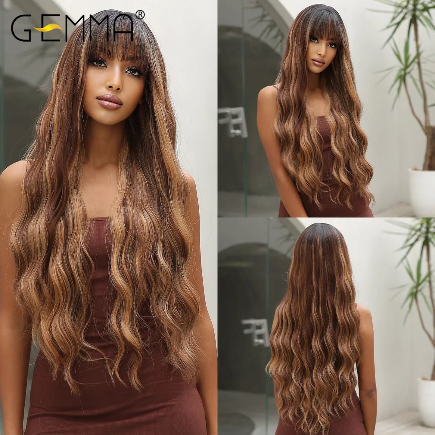 GEMMA Ombre Brown Blonde Synthetic Wig with Bangs – Long Straight Cosplay Wig for Women, High-Temperature Fiber