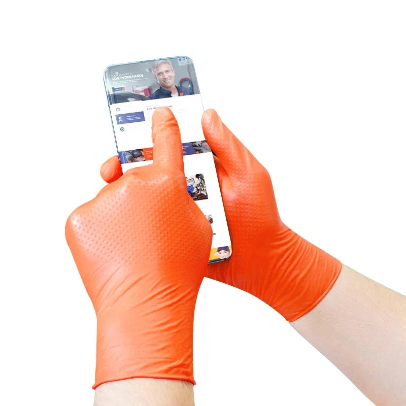 Heavy Duty Orange Nitrile Gloves 8Mil – Industrial Disposable Work Gloves with Diamond Grip for Mechanic Safety