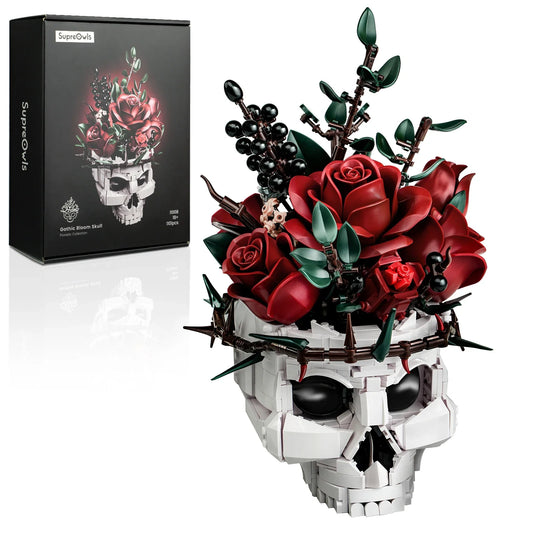 Skull Roses Bouquet Building Set – Gothic Skeleton Flower Pot Blocks for Horror Home Decor & Adult Christmas Gift