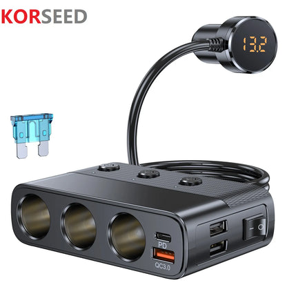 New 127W 7-in-1 Car Charger Splitter: PD30W QC3.0 Cigarette Lighter Adapter - Socket Splitter with Switch, Car Cigarette Lighter Accessory