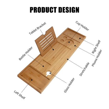 Bamboo Bathtub Caddy Tray – Spa Organizer with Book, Wine & Tablet Holder, Non-Slip & Extendable Sides
