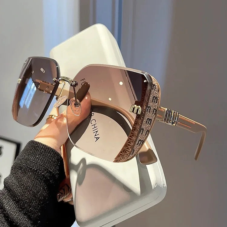 2024 New Fashion Rimless Sunglasses for Women – Luxury Brand Letter Design, UV400 Vintage Anti-Glare Shades