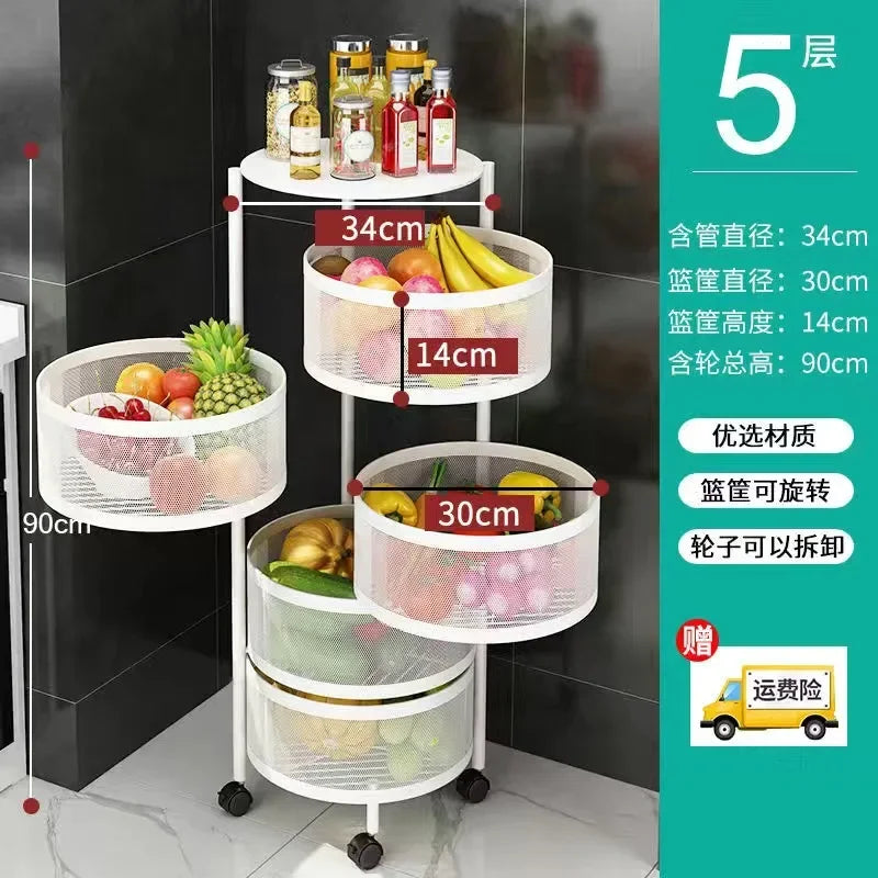 5 Layer Stainless Steel Rotating Shelf - Kitchen & Bathroom Storage Baskets, Fruit & Vegetable Rack with Wheels