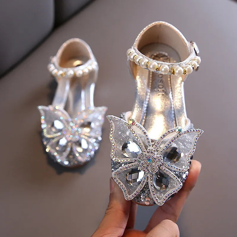 Girls Sequin Pearl Bow Princess Shoes - Elegant Party and Wedding Dance Shoes for Kids