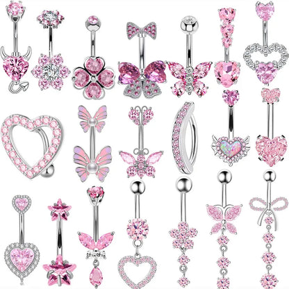 Pink Crown Belly Button Ring – Stainless Steel Heart Navel Piercing Barbell with Crystal for Women & Girls