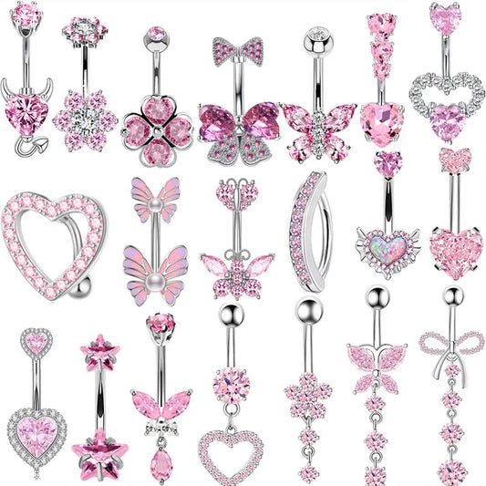 Pink Crown Belly Button Ring – Stainless Steel Heart Navel Piercing Barbell with Crystal for Women & Girls