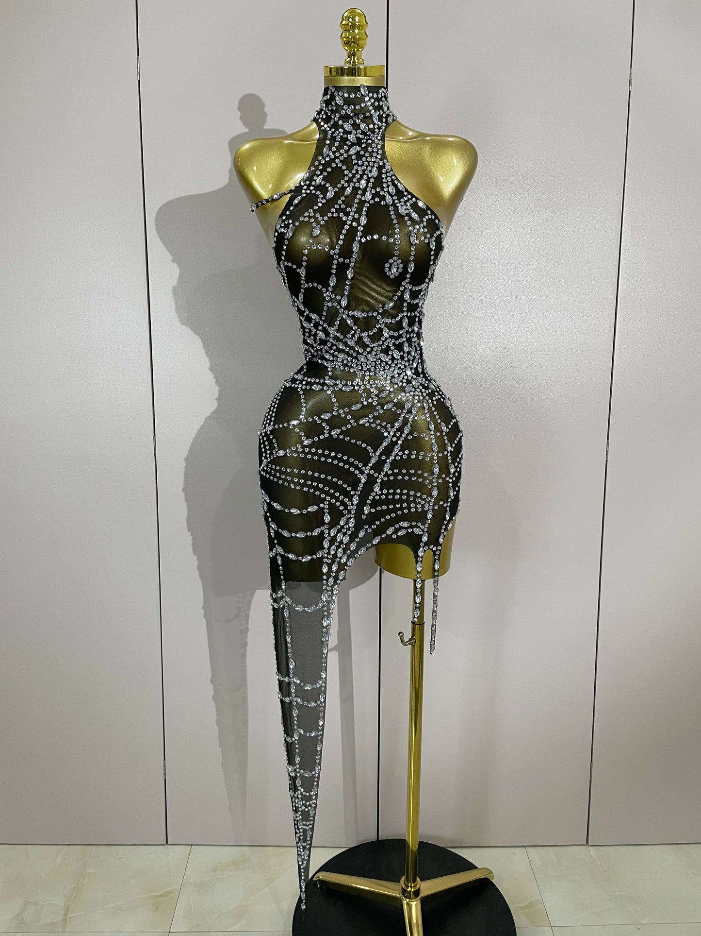 Sparkly Diamond Mesh Asymmetric Bodycon Mini Dress — Sexy Women Nightclub Party Gogo Dancer Stage Costume