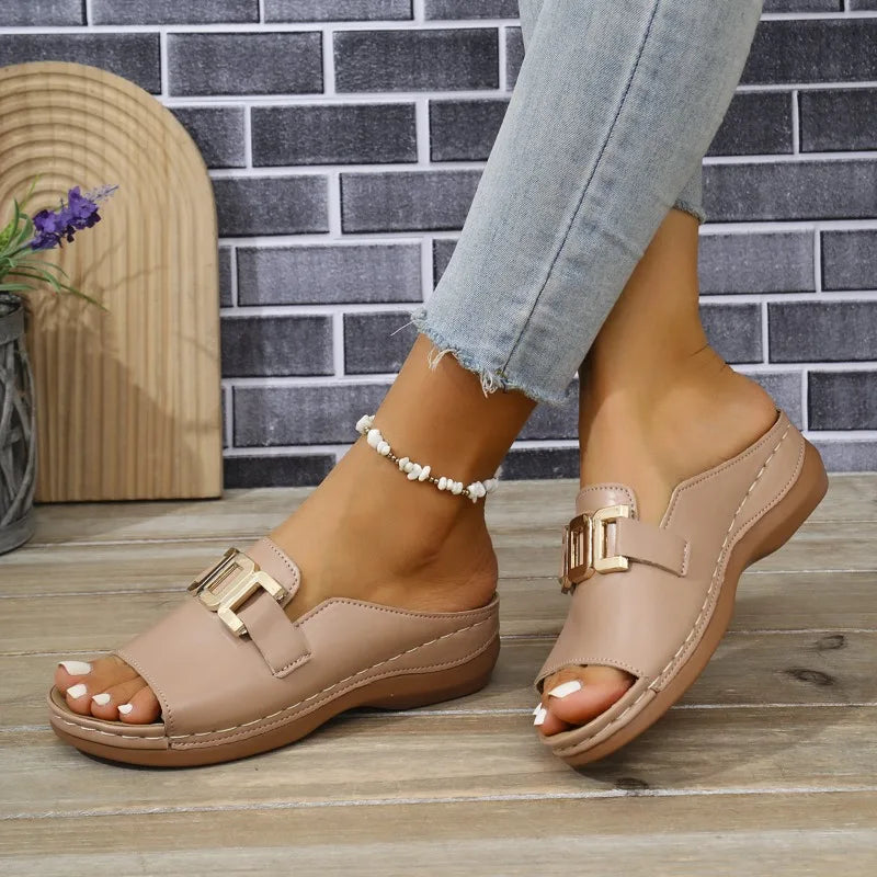 Women’s Thick Sole Fashion Sandals – Casual Summer Fish Mouth Slippers with Metal Buckle, Plus Size Comfort Slides