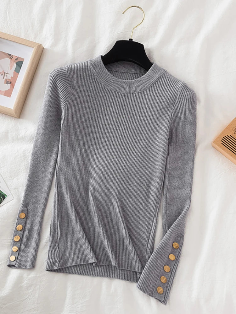 2024 Women's Thick Knit Sweater - Casual Autumn/Winter Pullovers in Khaki with Button Detail, O-Neck Chic Slim Fit Jumper Top