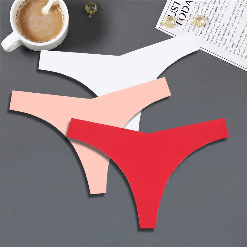 FINETOO 3PCS Women’s Ice Silk Seamless V-Waist Thongs — Low Rise Sport Panties, 10 Solid Colors, Breathable G-String
