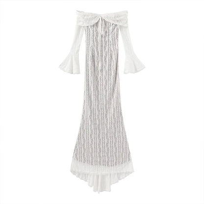 Suninheart White Off-Shoulder Bodycon Dress – 2025 Elegant Lace Long Sleeve Maxi Dress for Women, Wedding Guest Outfit