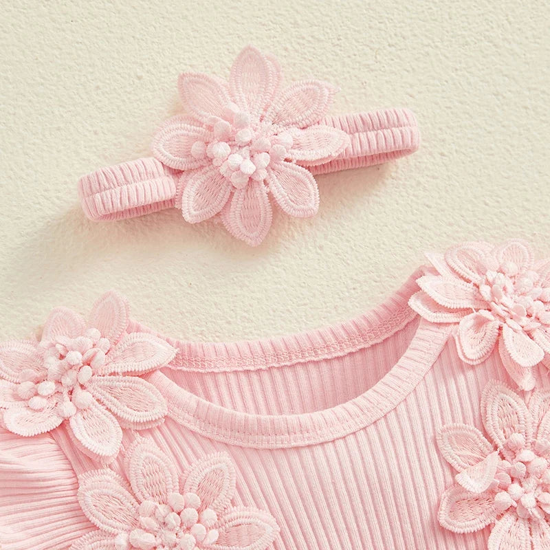 3D Flower Baby Girls’ Romper - Princess Mesh Lace Ruffle Bodysuit Dress with Headband