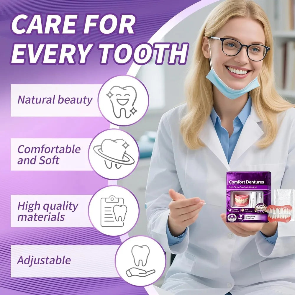 Full Upper & Lower Silicone Dentures Set - Comfort Fit Instant Smile Replacement Teeth