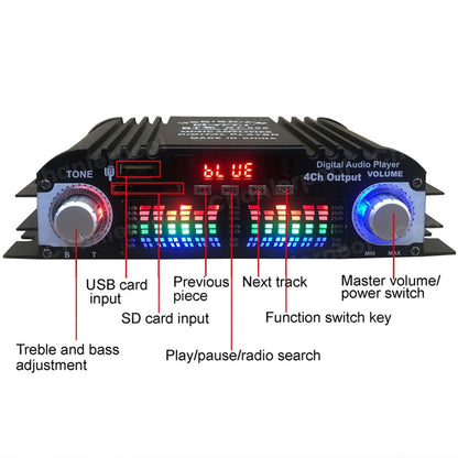 1600W Peak Power HiFi 4-Channel Digital Audio Amplifier – Bluetooth Karaoke Player with FM Radio & Remote Control