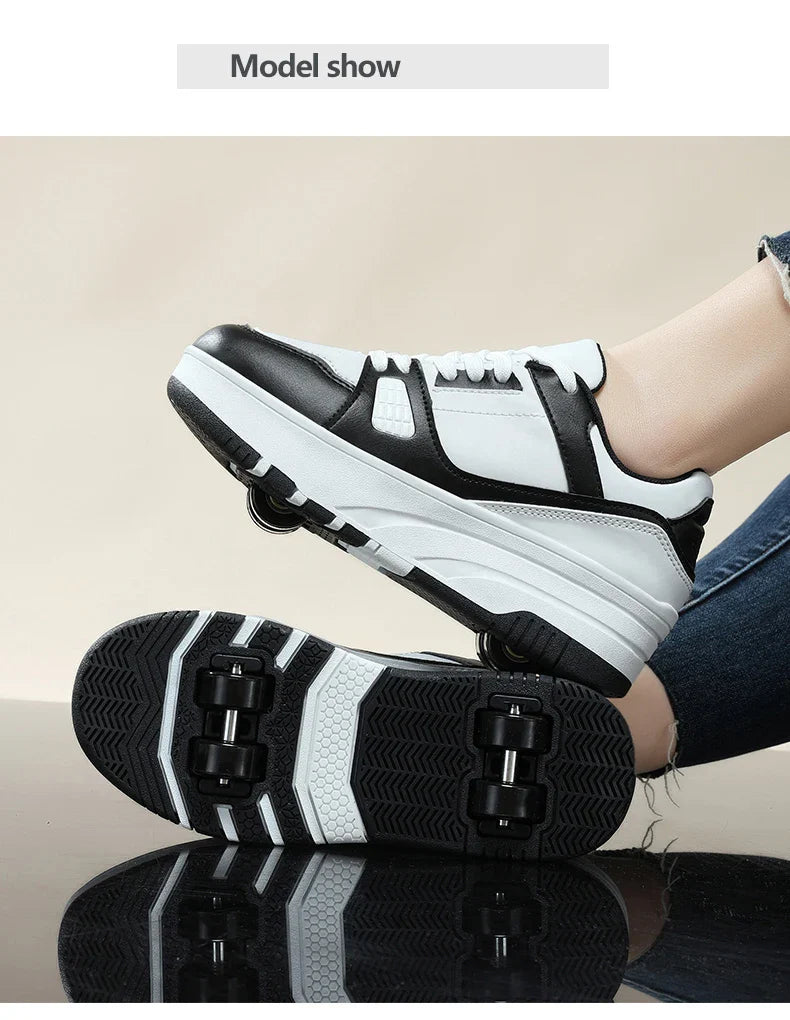 Four-Wheel Roller Shoes for Boys & Girls – Casual Outdoor Sports Sneakers with Pulleys, Slide & Shrink School Walking Shoes